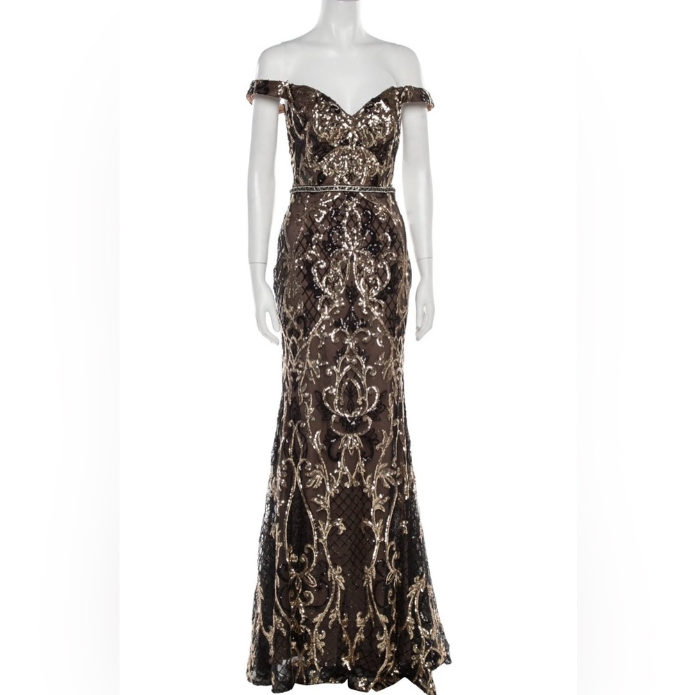 Jovani Black and Gold Off-Shoulder Dress